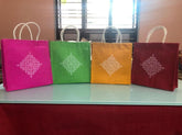 Jute Bags with Contrast kolam Print for Return Gifts Thamboolam Bags Wedding Gifts Lunch Bag Multicolor 10*9*4 inches Gifts
